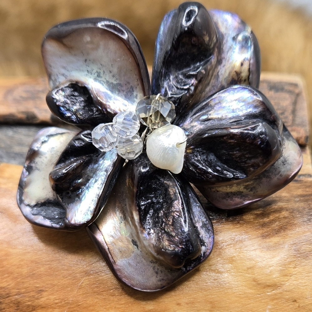 Taupe Flower Ring Shell Real Pearl & Glass Crystals Silver Tone Adjustable Band